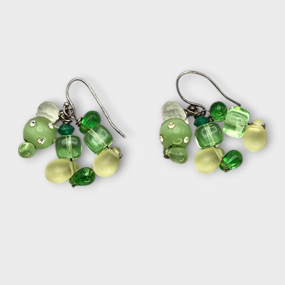 Green Glass Bead Cluster Dangle Earrings Rhinestone Accent
